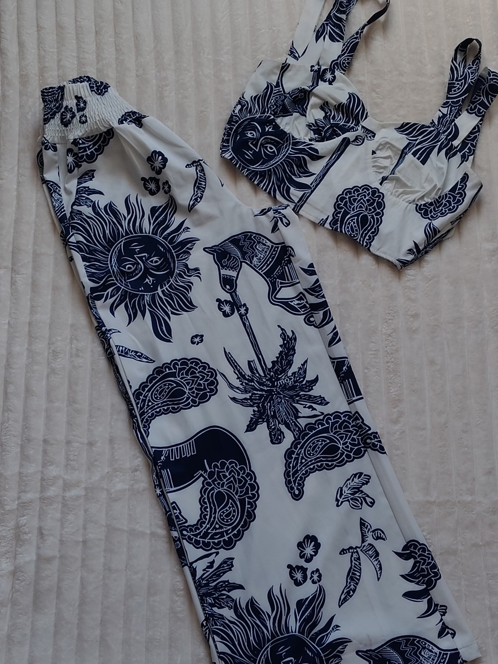 Navy and White Asymmetrical Dress with Graphic Sun Motif